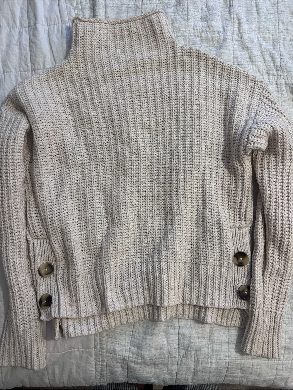Madewell Cream Ribbed Turtleneck Sweater with Side Buttons